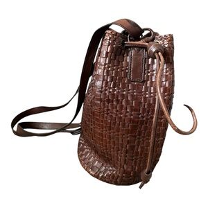 Woven Leather Backpack Purse Brown Drawstring